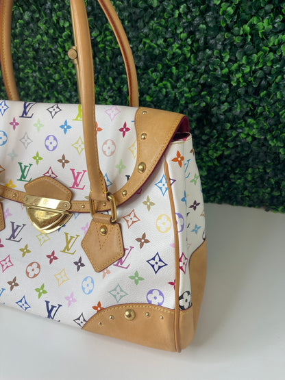 Right side view of a white Preowned Louis Vuitton Multicolor Beverly GM handbag with gold hardware and tan leather trim.