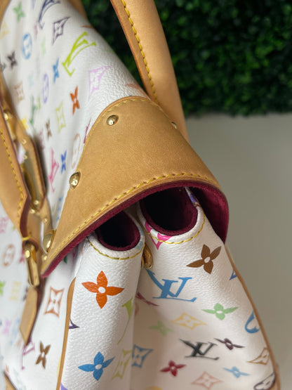 Top corner view of a white Preowned Louis Vuitton Multicolor Beverly GM handbag with gold hardware and tan leather trim.