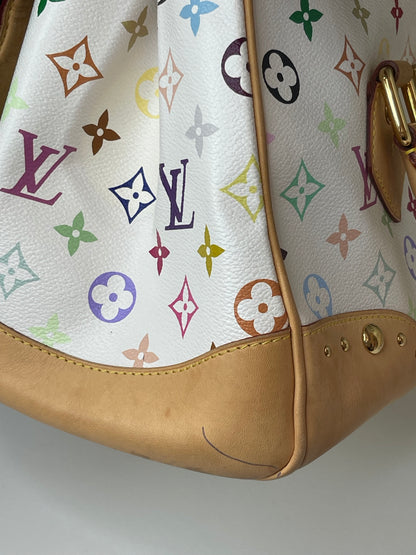 Bottom corner view with some pen marks on leather of a white Preowned Louis Vuitton Multicolor Beverly GM handbag with gold hardware.