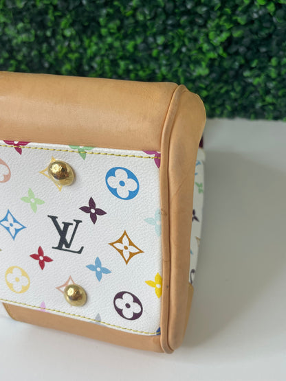 Bottom corner view of a white Preowned Louis Vuitton Multicolor Beverly GM handbag with gold hardware and tan leather trim.