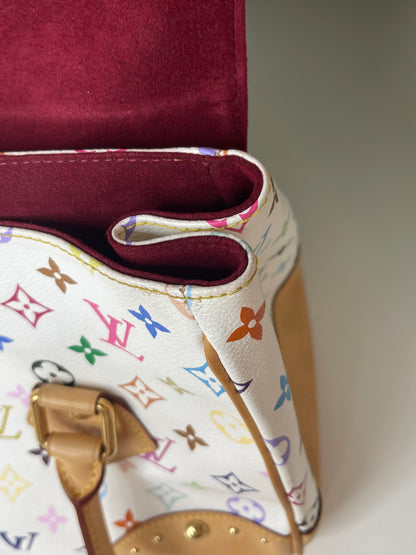 Top corner view with red suede interior of a white Preowned Louis Vuitton Multicolor Beverly GM handbag with gold hardware and tan leather trim.