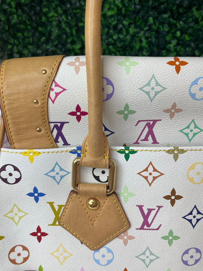 Top view of a white Preowned Louis Vuitton Multicolor Beverly GM handbag with gold hardware and tan leather trim.