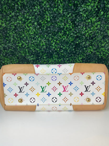 Bottom view of a white Preowned Louis Vuitton Multicolor Beverly GM handbag with gold hardware and tan leather trim.