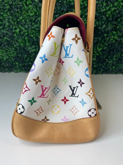 Side view of a white Preowned Louis Vuitton Multicolor Beverly GM handbag with gold hardware and tan leather trim.