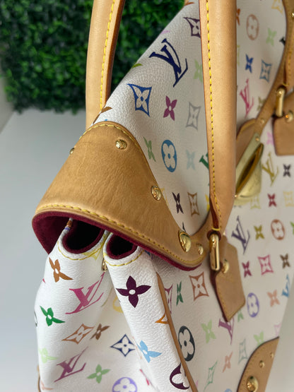 Top corner view of a white Preowned Louis Vuitton Multicolor Beverly GM handbag with gold hardware and tan leather trim.