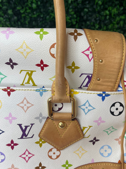 Top view of a white Preowned Louis Vuitton Multicolor Beverly GM handbag with gold hardware and tan leather trim and handle. 