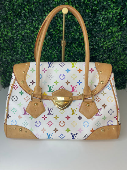 Front view of a white Preowned Louis Vuitton Multicolor Beverly GM handbag with gold hardware and tan leather trim.
