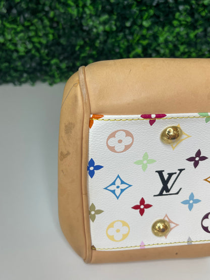 Bottom left corner view of a white Preowned Louis Vuitton Multicolor Beverly GM handbag with gold hardware and tan leather trim.