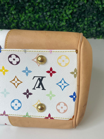 Bottom corner view of a white Preowned Louis Vuitton Multicolor Beverly GM handbag with gold hardware and tan leather trim.