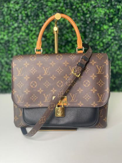 A preowned Louis Vuitton Marignan handbag in black color with a brown handle and a gold-tone hardware.