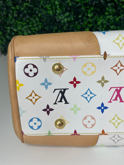 Bottom view of a white Preowned Louis Vuitton Multicolor Beverly GM handbag with gold hardware and tan leather trim.